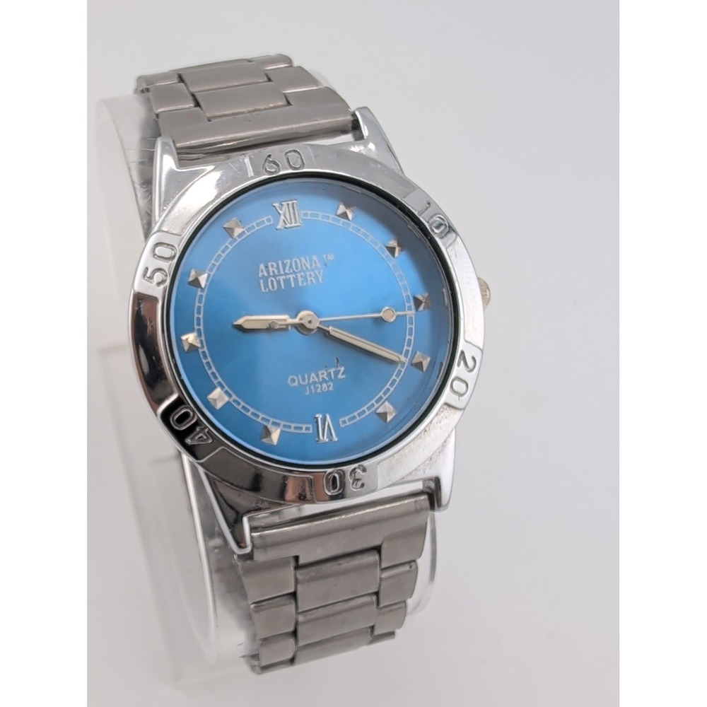 Arizona Lottery Watch 34mm Case Blue Dial 7.5" Silver Band- New Battery